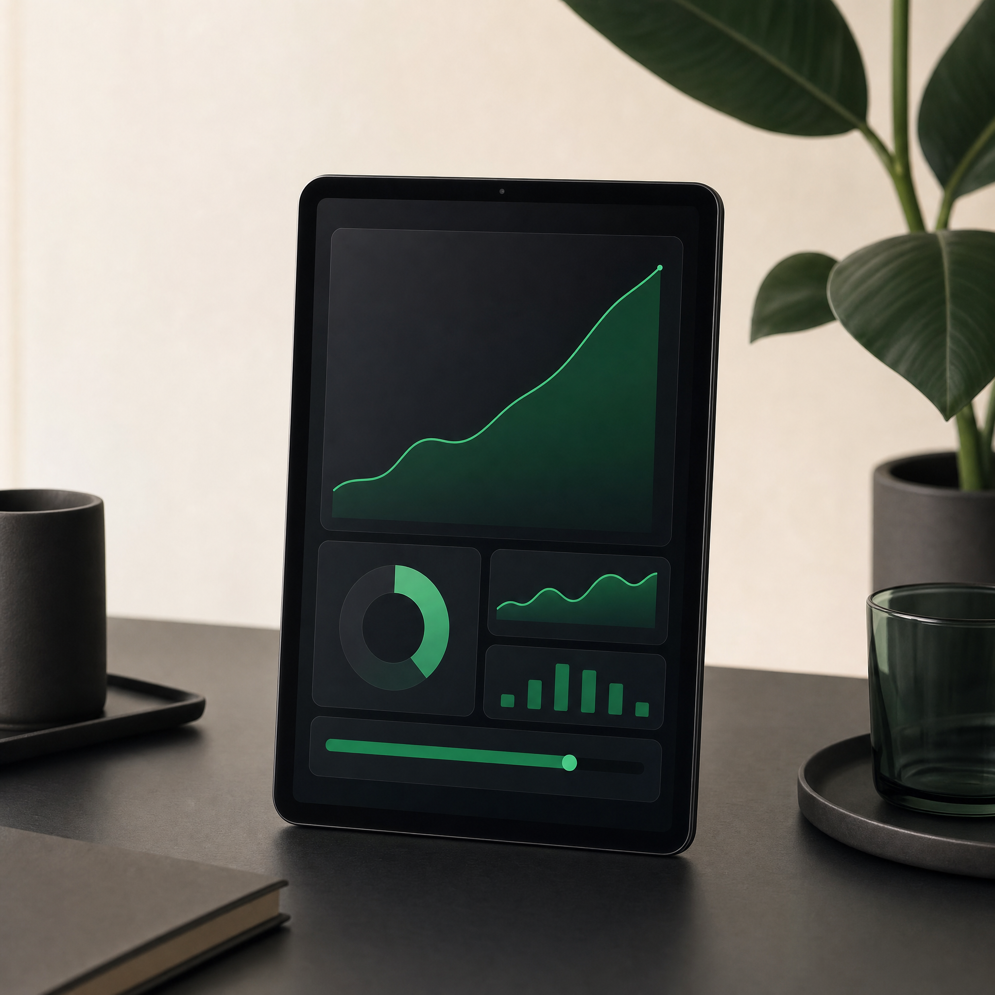 A tablet showing a Shopify growth dashboard with a rising green trend line